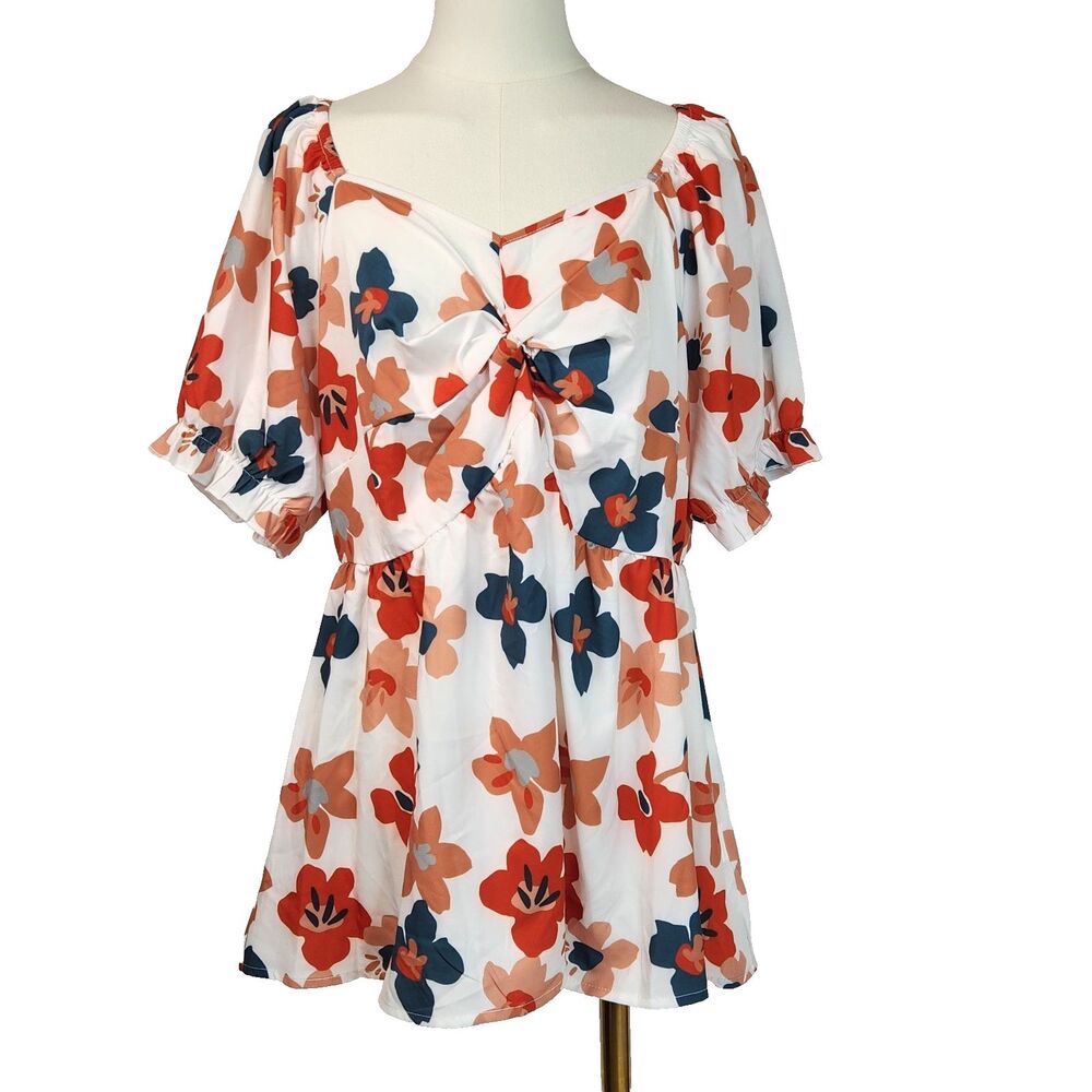 BloomChic Floral Twist Front Blouse US 12 Sweetheart Puff Sleeve Peplum Top Fall